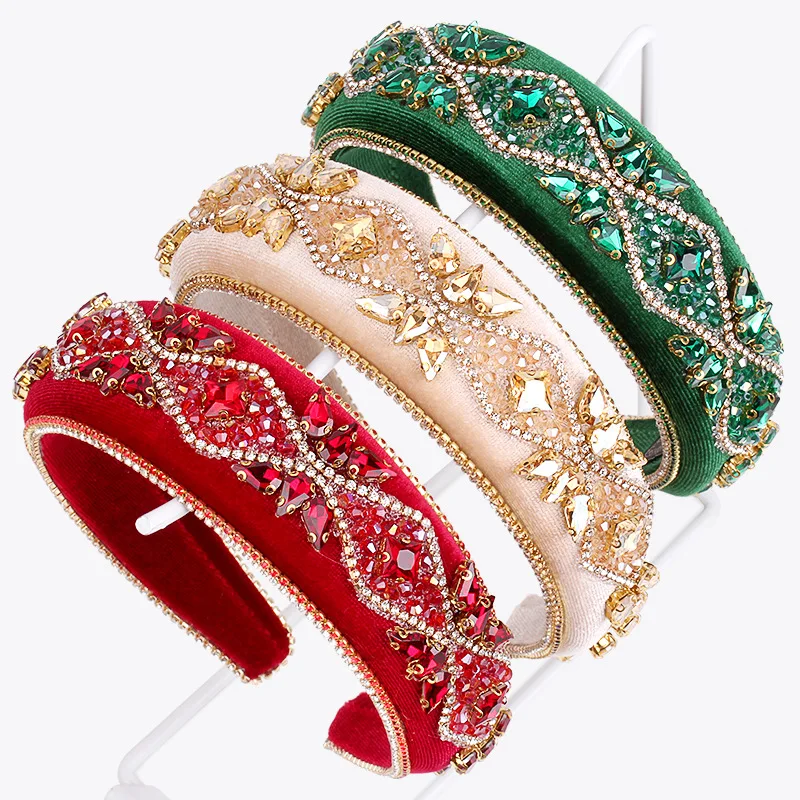 

Rhinestone Headband Handmade Baroque Crystal Sparkly Soft Velvet Padded Banquet Date Wide Hair Accessories for Women and Girls