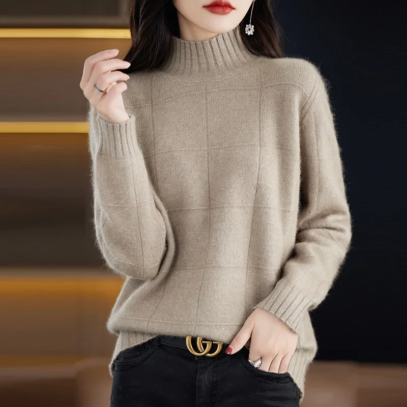 

2023 Autumn and Winter New High Collar Women's Sweater 100% Pure Mink Cashmere Knitted Pullover Solid Color Slim Fit Fashion Top