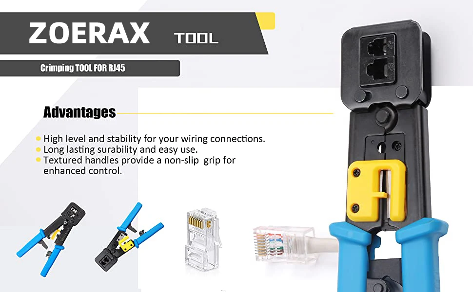 ZoeRax RJ45 Crimpzange Pass Through Cat5 Cat5e Cat6 Crimpzange für RJ45/RJ12 Regular- und End-Pass-Through-Steckverbinder – Detail 1