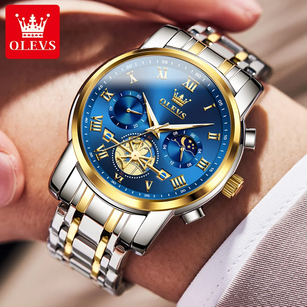 OLEVS-Reloj de pulsera de acero inoxidable para hombre, cronógrafo de cuarzo luminoso, resistente al agua, fase lunar, marca Original