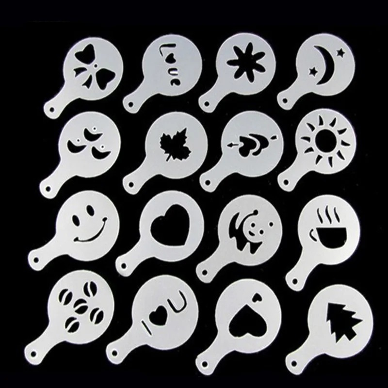 16Pcs/Set Coffee Mold Latte Cappuccino Barista Art Stencils Cake Duster Templates Coffee Accessories Milk Mold Coffe Decoration Cappuccino Mold