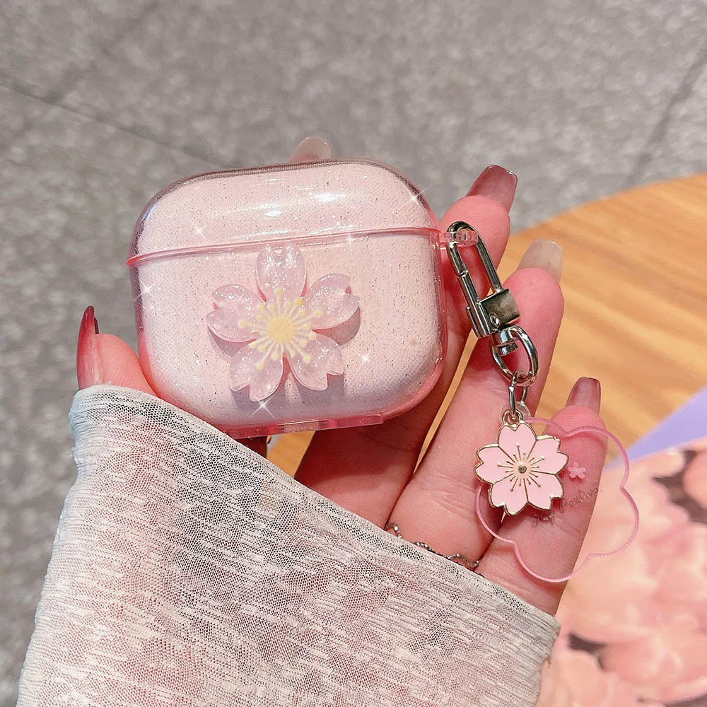 INS Korean Cute Glitter Pink Flowers Headset Case For Airpods