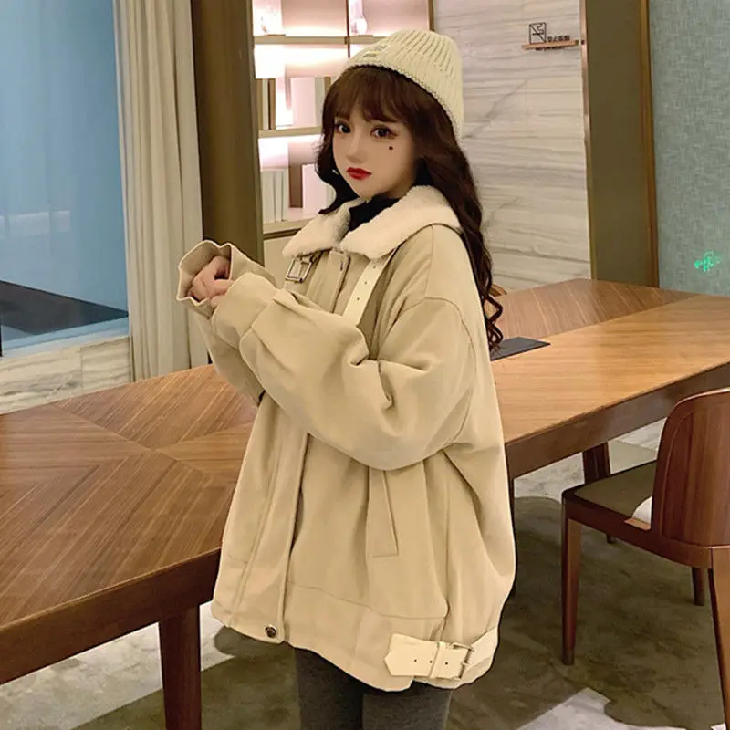 Korean Fashion Retro Jacket 2023 Winter New Cotton Dress Lamb Fleece Women's Solid Color Plush Thickened Loose Coat Trend