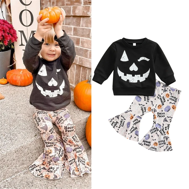 Toddler Baby Girls Clothes Halloween Dress Cartoon Pumpkin Ghost Spider Print Outfits 