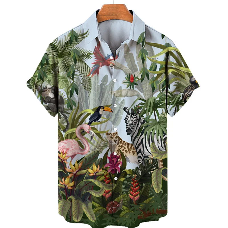 Tropical Jungle Flamingo 3d Print Hawaiian Shirt For Men Summer Street Short Sleeves Tops Harajuku Lapel Button Loose Blouse 4