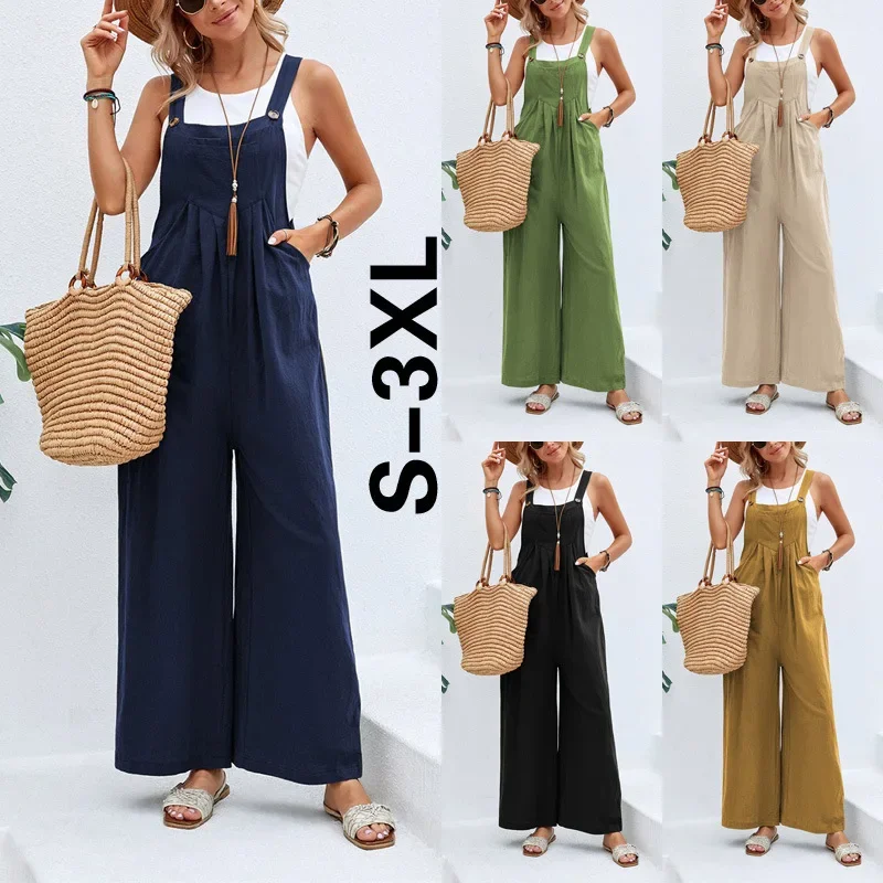 2023 Spring Summer Autumn Women's Wear Solid Color Pockets Casual Loose Suspenders Femme Sleeveless Square Collar Street Overall