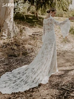 Bohemian Flare Sleeve Long Wedding Dresses For Women With Chapel Train Lace A-Line Bride Dresses Full Sleeve V-neck Bridal Gown 1