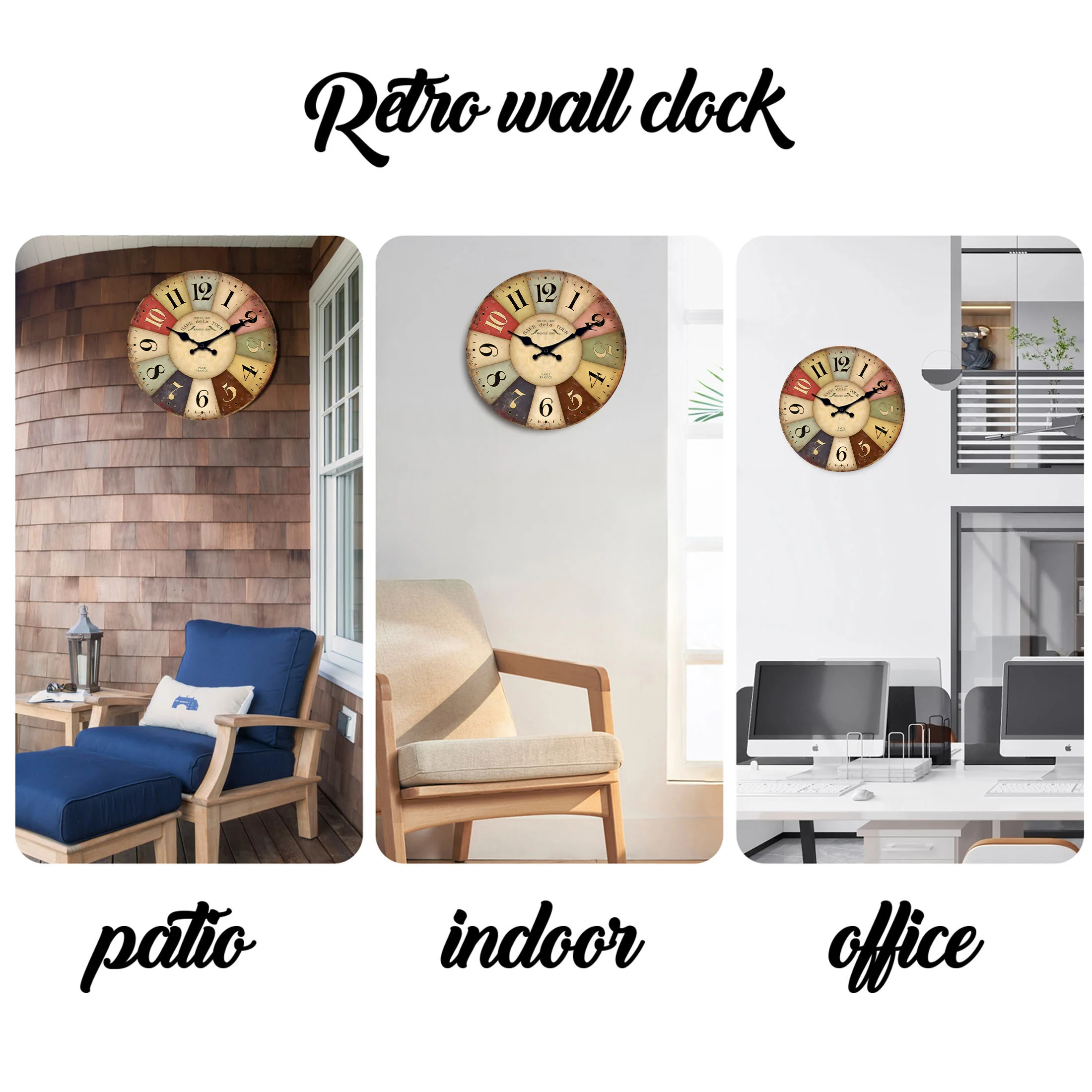 Description Picture 3 of item1pc wooden wall clock, country retro style color square pattern design wall clock, home mute clock, suitable for home decoration
