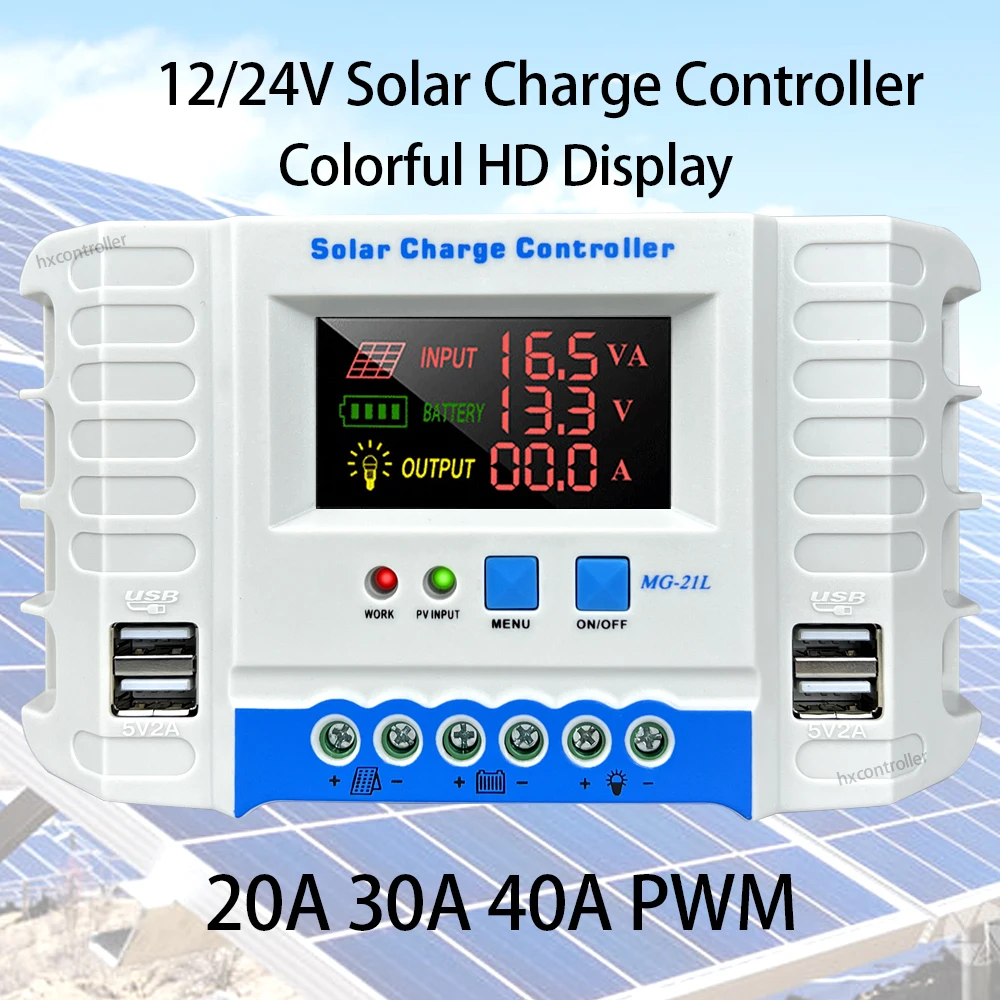 

High Quality PWM 20A 30A 40A Solar Panel Charge Controller 12V 24V PV Battery Charging Regulator With HD Colorful Display