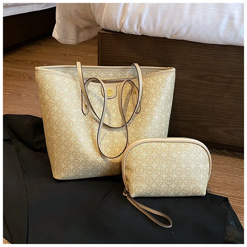 Large Capacity Bag Women's 2023 New Fashion Vintage Print One-Shoulder Underarm Casual Tote Bags With Small Bag