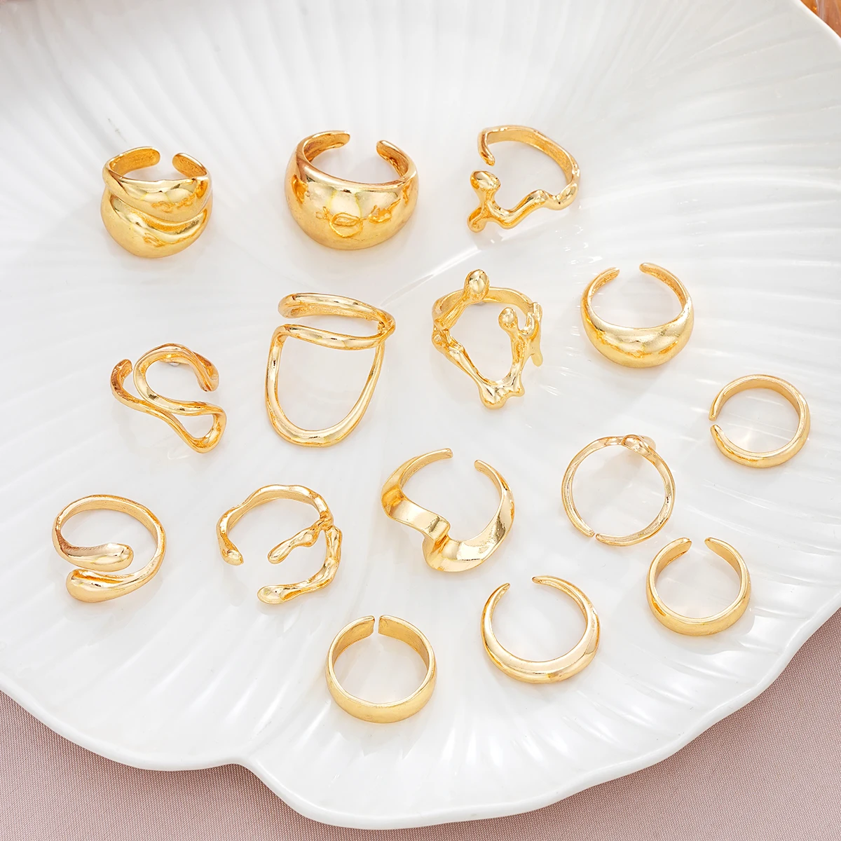 15 Pcs Vintage Smooth Rings Set for Women Fashion Gold Color Irregular Geometric Opened Rings Party Birthday Jewelry Gifts ring set,gold color rings,finger ring,gold color ring,opening ring,adjustable rings,jewelry accessories