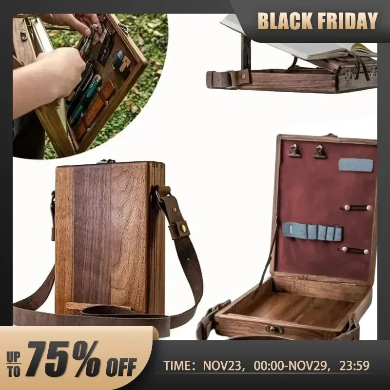 

1pc Wooden Handmade Portable Crossbody Postman Bag, Multifunctional Artist Tool Brush Storage Box (Wood Color)