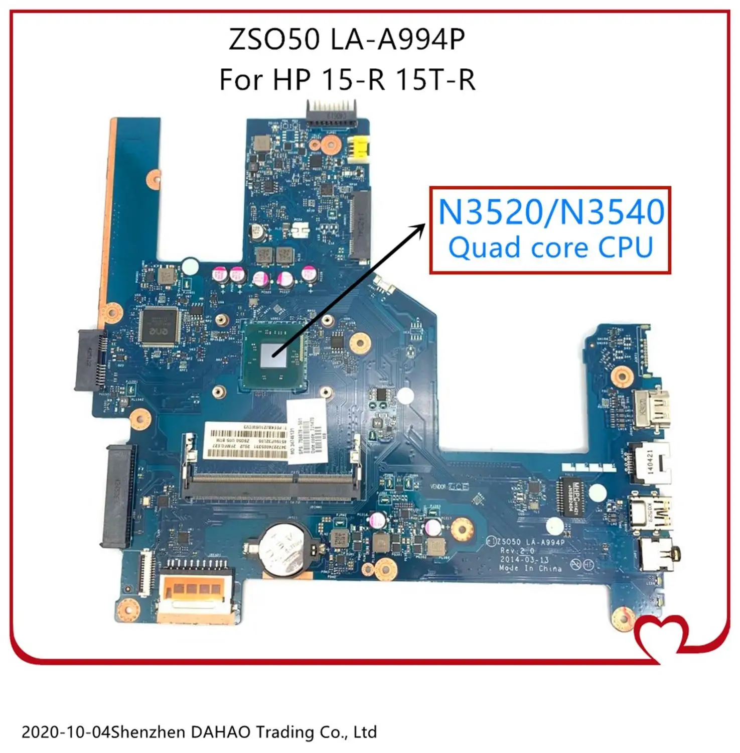 

Материнская плата 760787-001, 788287-501, для HP 15-R, 15-R011DX, ZS050, LA-A994P, N3520, 3540, 4-ядерный, 100%