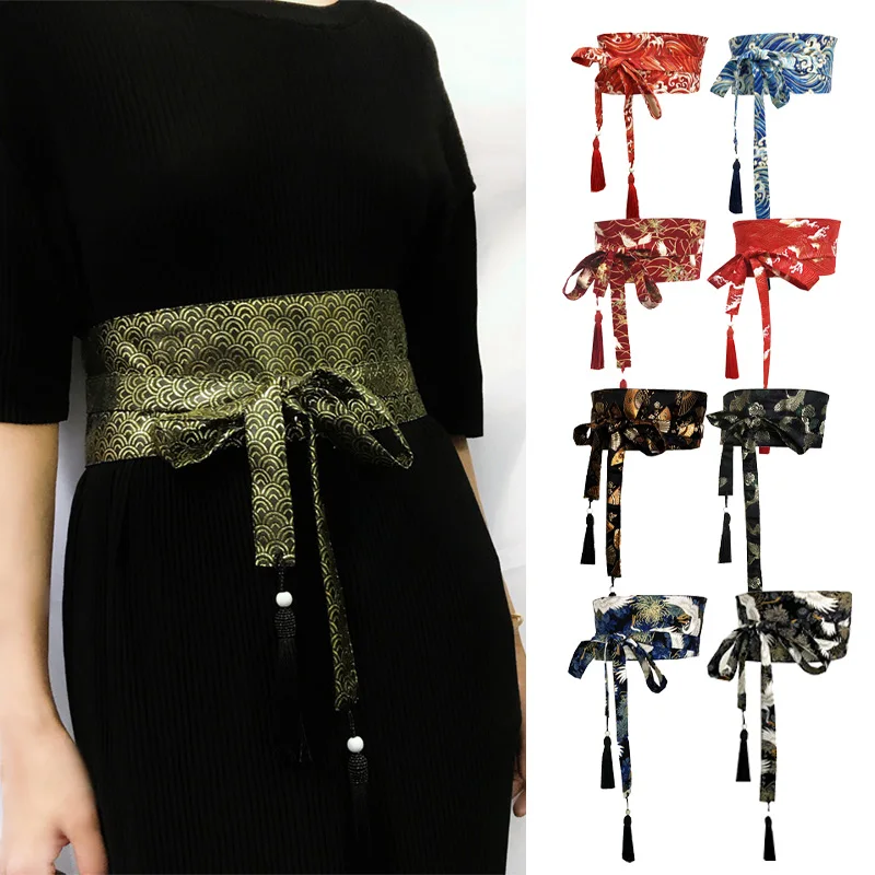 15cm Wide Corset Japanese Traditional Kimono Belt Women Gold Tassel Waistband Chinese Hanfu Dress Belt Yukata Crane Haori Obi chinese traditional hanfu belt yukata dress kimono obi belts antique style cotton linen corset han dynasty hanfu sash tie straps