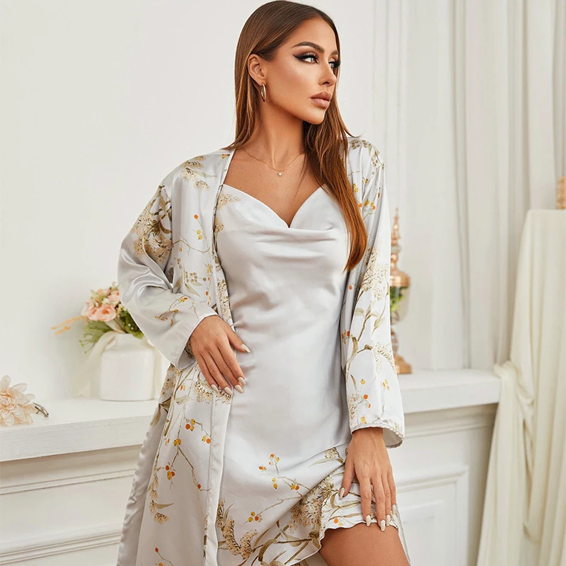 

Women's Four Seasons Pajamas Silk-Like Satin Luxury Home Wear Medium Length Lace Up 2PC Set Of Night-Robe Nightgown Leisure Suit