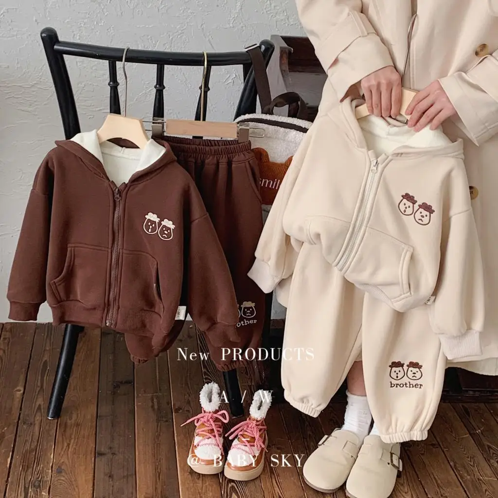 

Korean Autumn Children Girls 2PCS Maillard Cartoon Pattern Embroidery Long Sleeve Baby Girls Hooded Elastic Waist Kid Girl Pants
