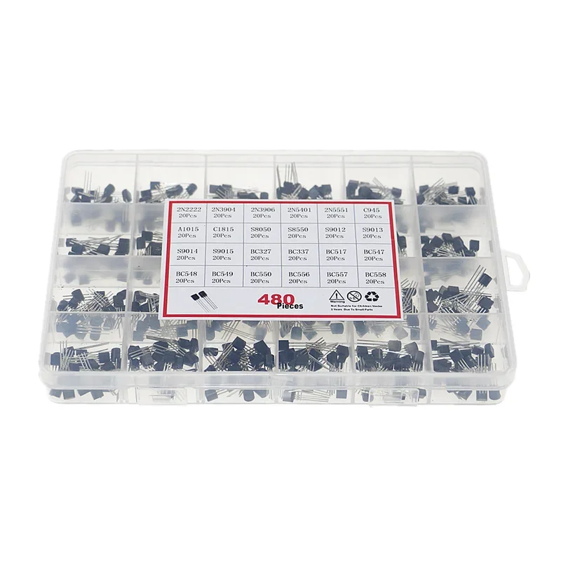 480Pcs 24Types NPN PNP Transistor Assortment Kit Pack 2N2222 S8050 S9014 2N3906 BC327 BC337 BC517 BC547 BC548 BC549 BC550 BC558