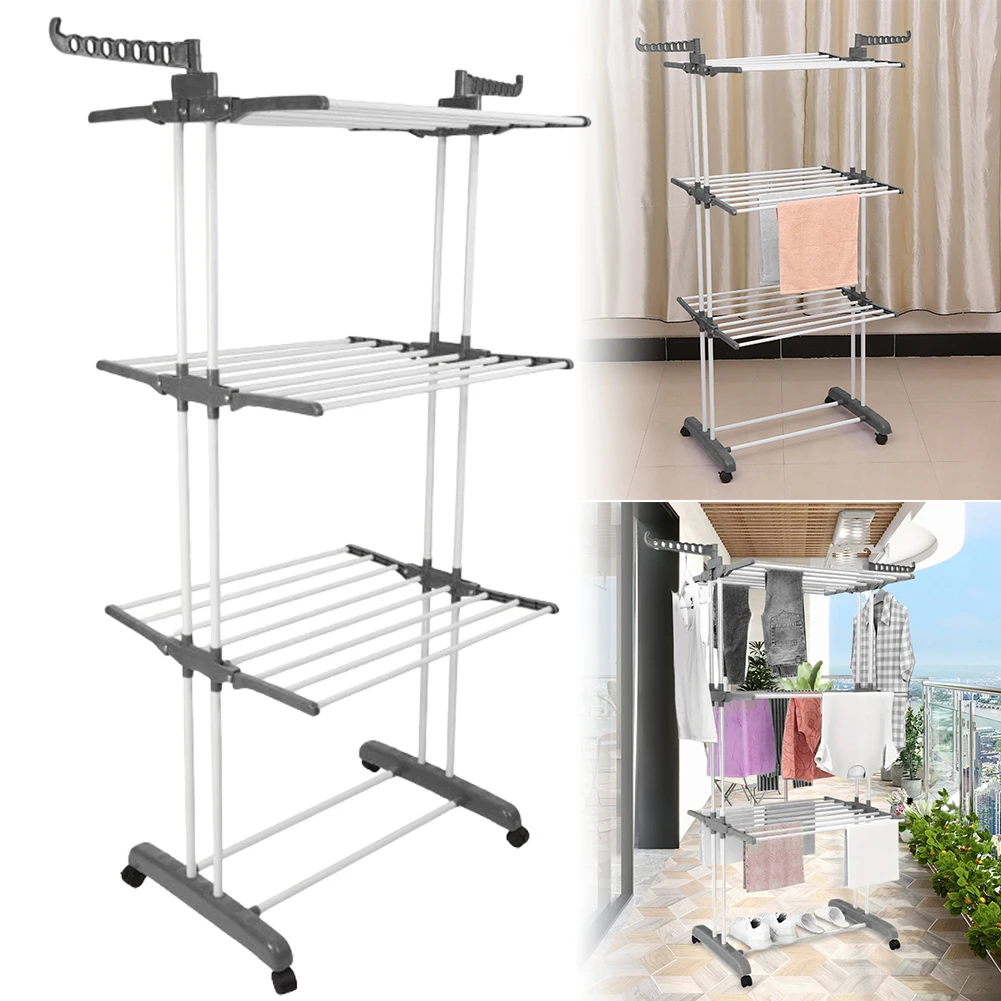 Foldable Iron Laundry Drying Rack with Castors for Indoor Outdoor Use