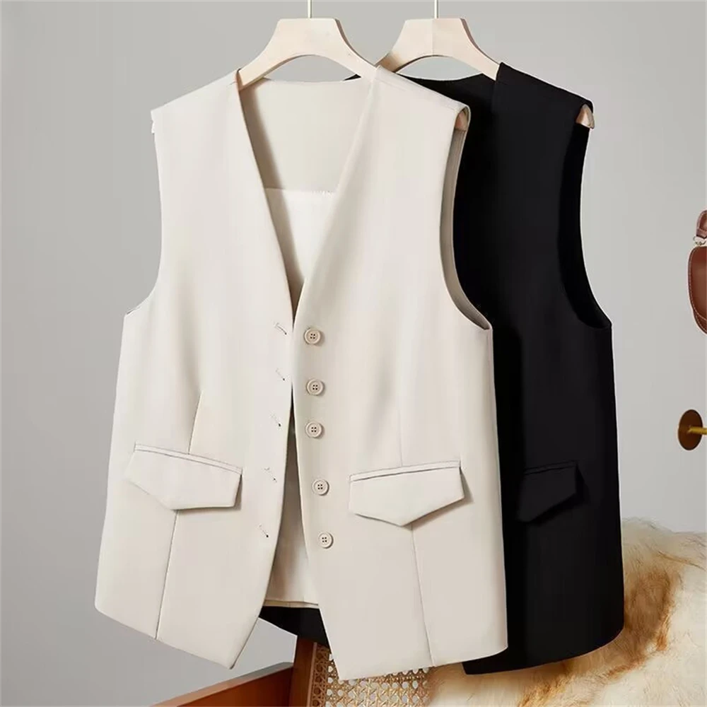 Office Lady Blazer Vest Women's Elegant Business Wear V Neck Single-breasted Waistcoat Female Sleeveless Solid Color Suit Vest