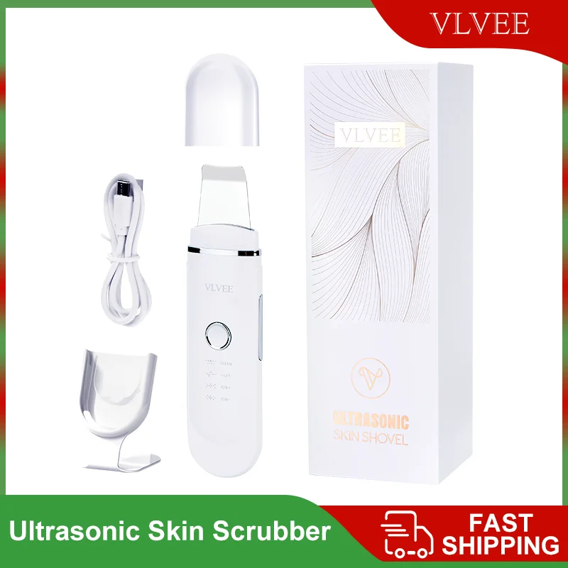 VLVEE Ultrasonic Skin Scrubber Face Spatula Blackhead Removal Device Deep cleansing facial Pore tools Red and blue light