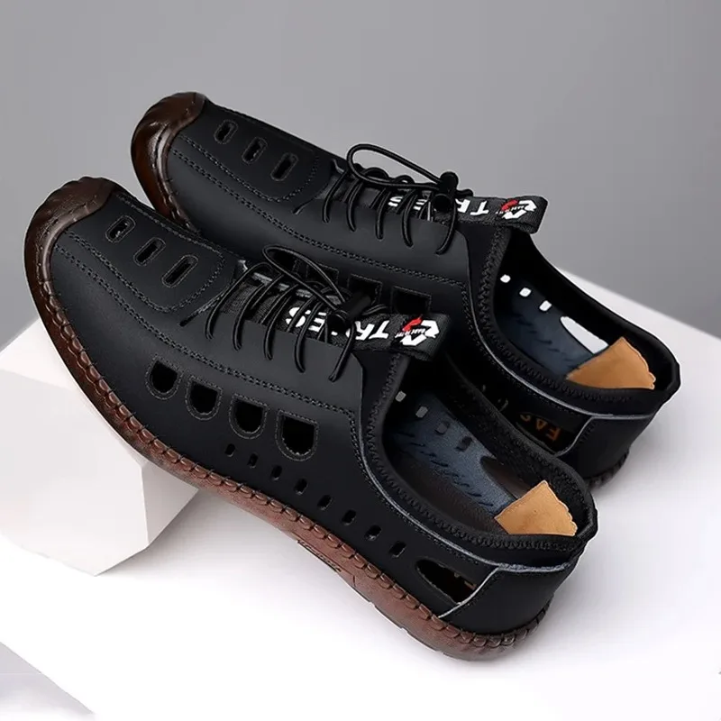 Men's Soft Leather Sandals Breathable Hollow Out Non-slip Cow Tendon Sole Casual Business Leather Shoes Outdoor Beach Shoes