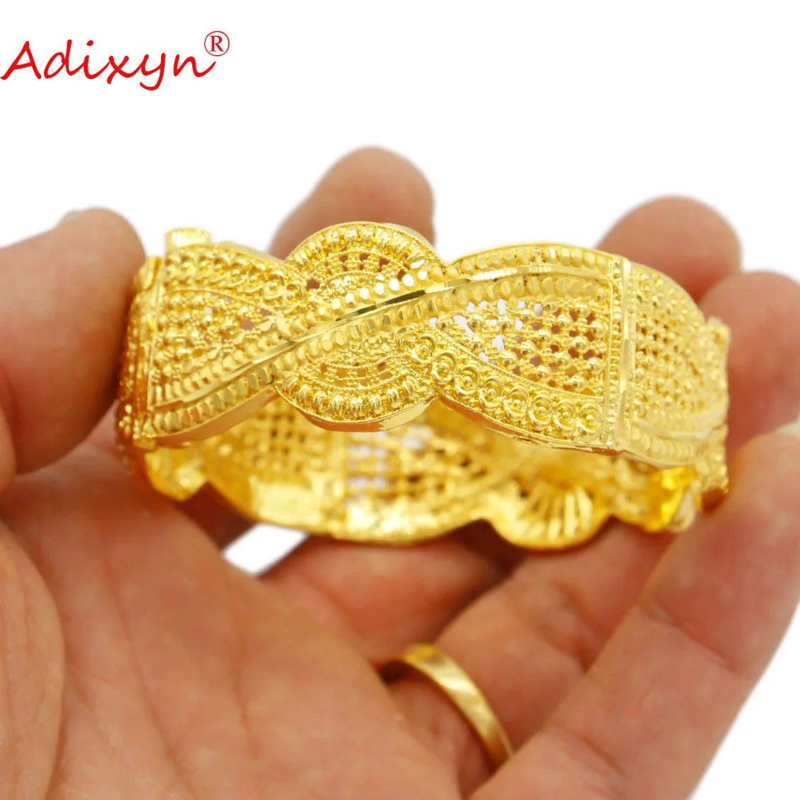 

Adixyn Wide Bangles for Women 24k Gold Color luxury Bracelet Indian Dubai can open Jewelry Wedding Bride Gifts N022242