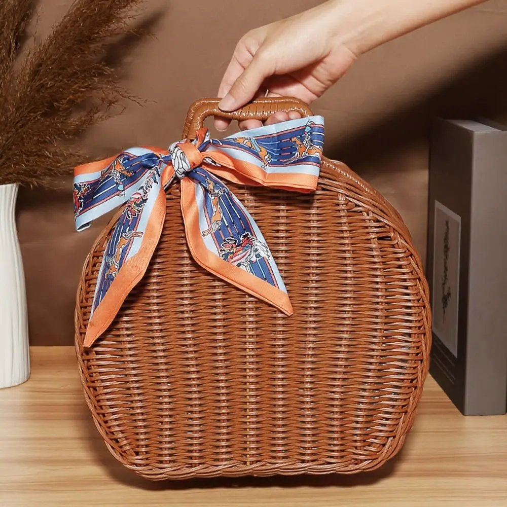 Round Wicker Suitcase Large Capacity Dust-proof Rattan Woven Luggage Box Handmade with Double Handle Sundries Organizer Outdoor 5