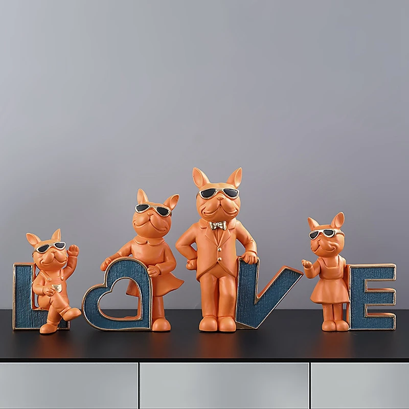 

4 Pcs Animal Love French Bulldog Figurines Decoration Dog Sculpture Home Living Room Decor Bulldog Statue Table Decor
