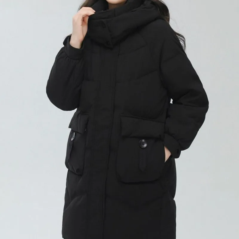 2023 New Women Down Jacket Winter Coat Female Mid Length Version Parkas Loose Thick Warm Outwear Hooded Leisure Time Overcoat