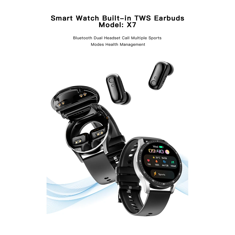 GEJIAN X7 Headset Smart Watch TWS Two In One Wireless Bluetooth Dual Headset Call Health Blood Pressure Sport Music Smartwatch 4