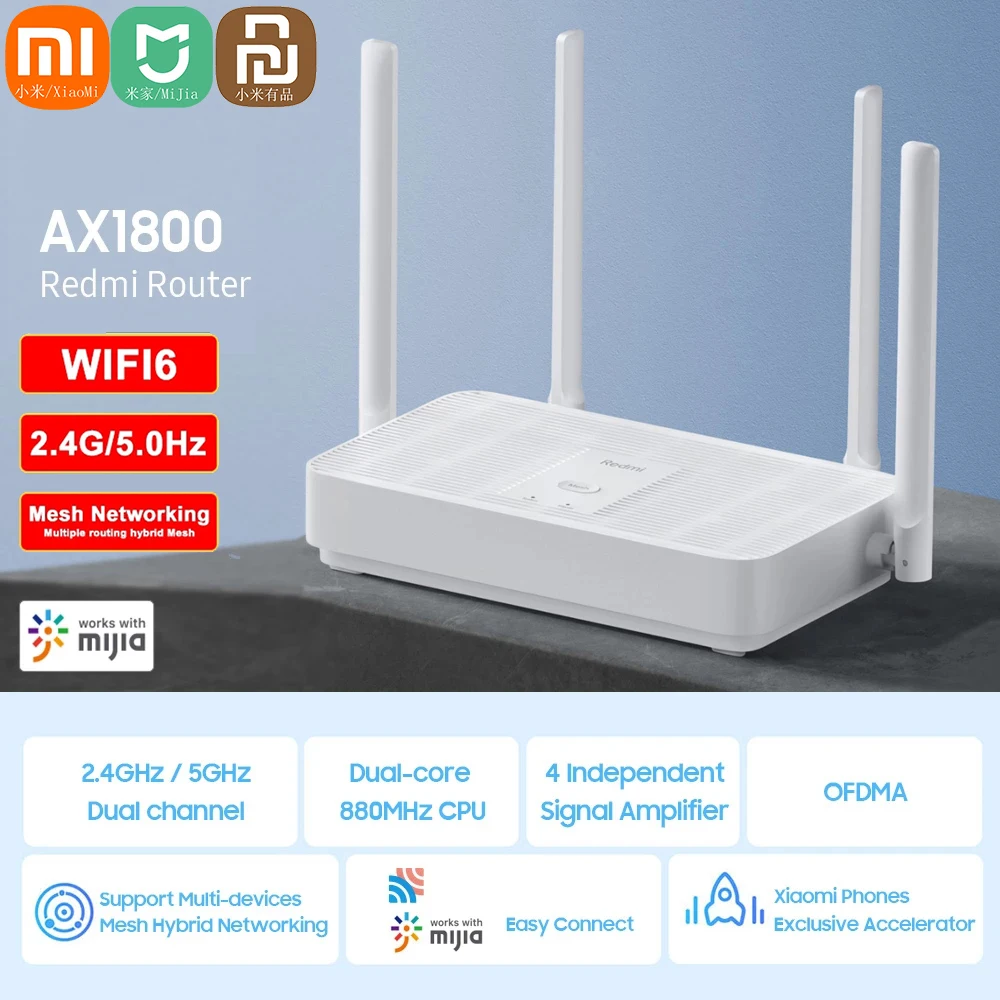 Xiaomi Redmi Router Ax1800 Wifi 6 Mesh Wifi Gigabit 2.4G/5.0Ghz Dual-Band Wireless Ripetitore Di Segnale Amplificatore Antenna Ad Alto Guadagno