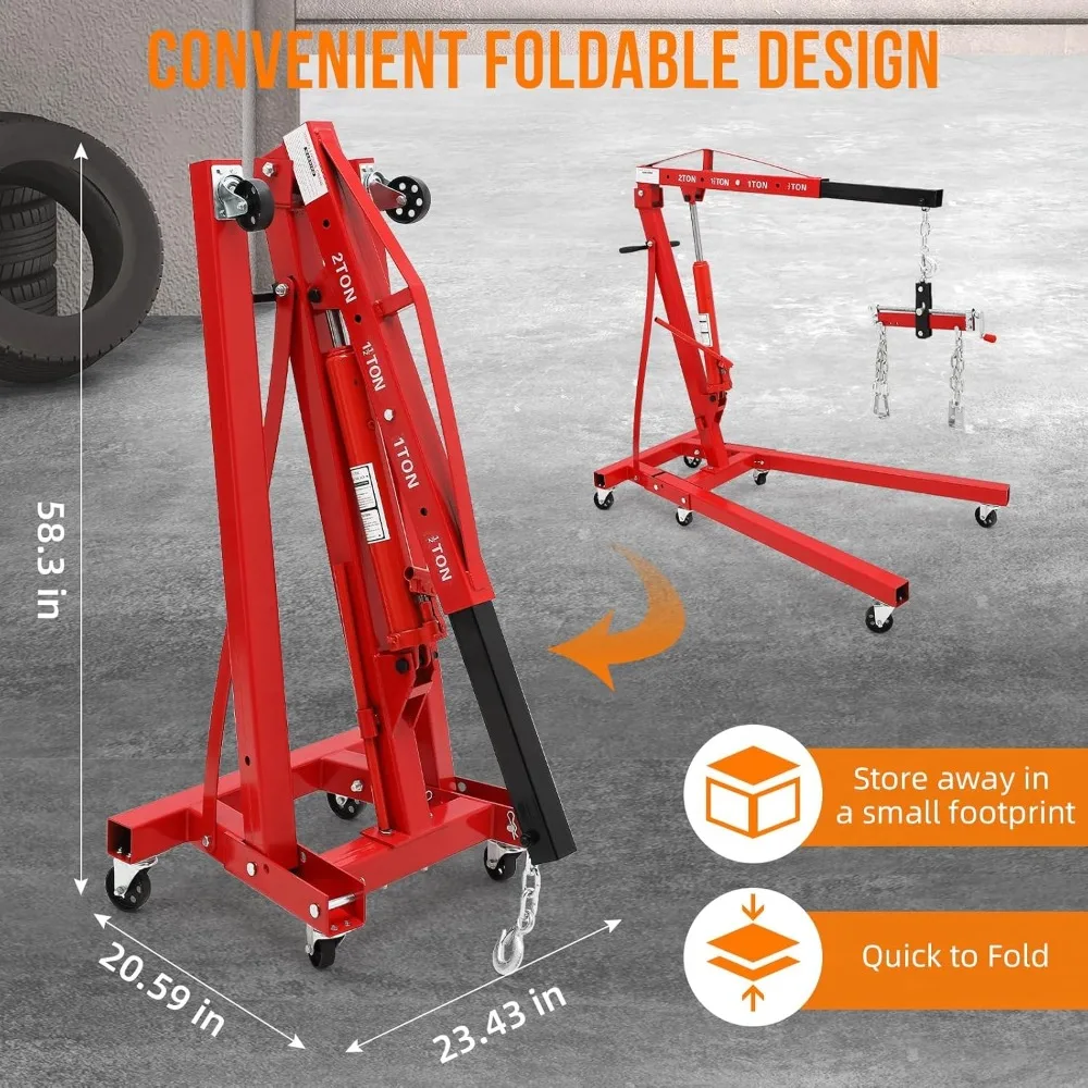 2 Ton Hydraulic Engine Hoist with Folding Design, 4000 LBS Capacity, 6 Wheels & Telescopic Boom