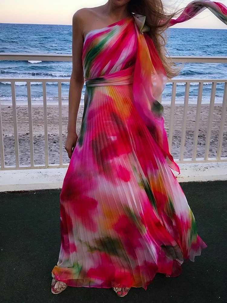 New Colorful Gradient Print Boho Holiday Dress Women Skew Collar Bow Long Party Dress Spring Summer Backless Pleated Beach Dress