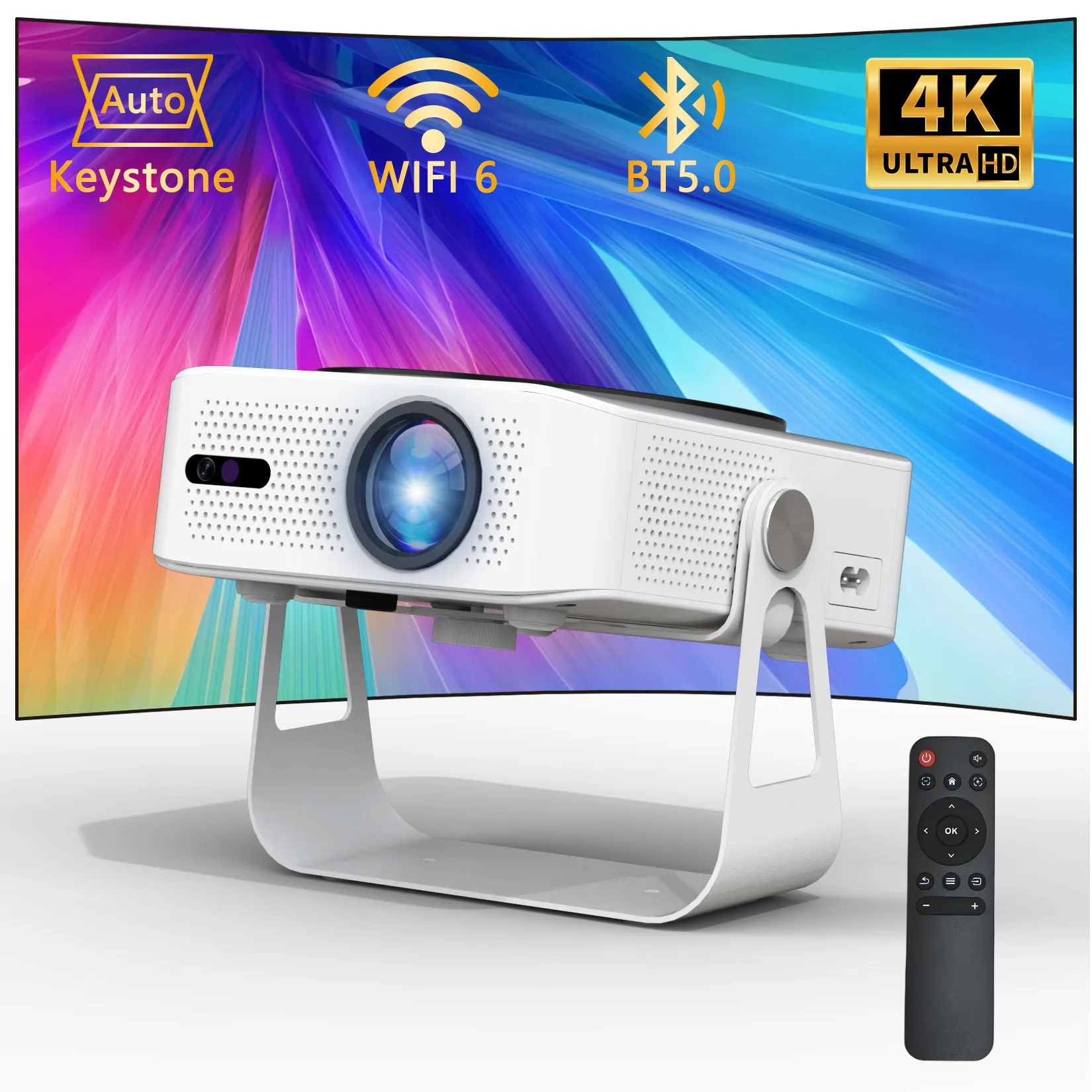 신형 4K 울트라 HD 스마트 안드로이드 WIFI 짐벌 프로젝터 1080p 양방향 블루투스 5.0 홈 월 캐스트 침실 거실 가족용
