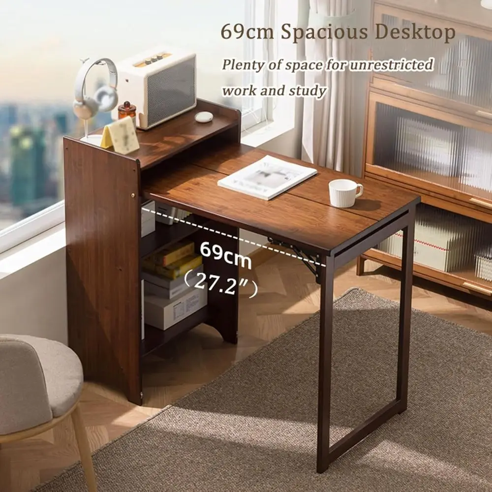 Compact Bamboo Desk with Built-in Bookshelf, Space-Saving Folding Workstation for Home Office, Vanity, and Kitchen