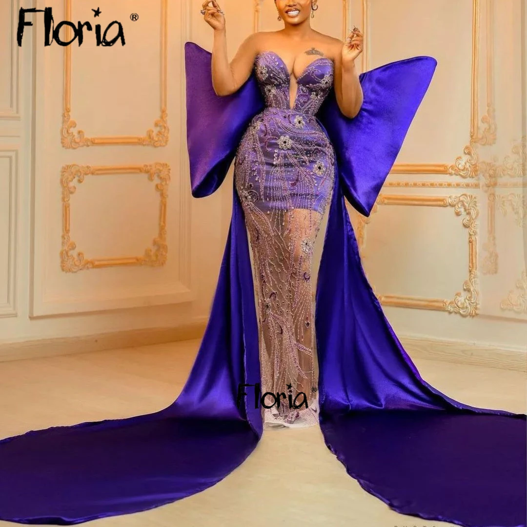 Women's Plus Size Formal Bow Off Shoulder Prom Floor Dress,Cap Sleeve  Ribbon Mermaid Evening Dress