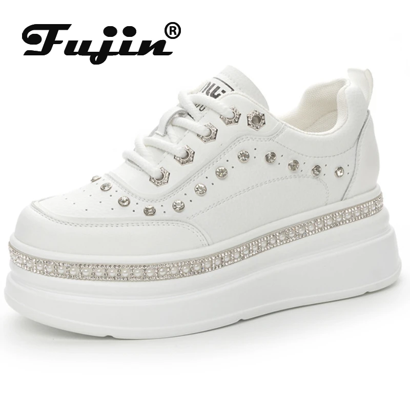 

Fujin 7cm Genuine Leather Women Casual Bling Chunky Sneakers Platform Wedge Vulcanized Autumn Spring Hidden Heels Ladies Shoes