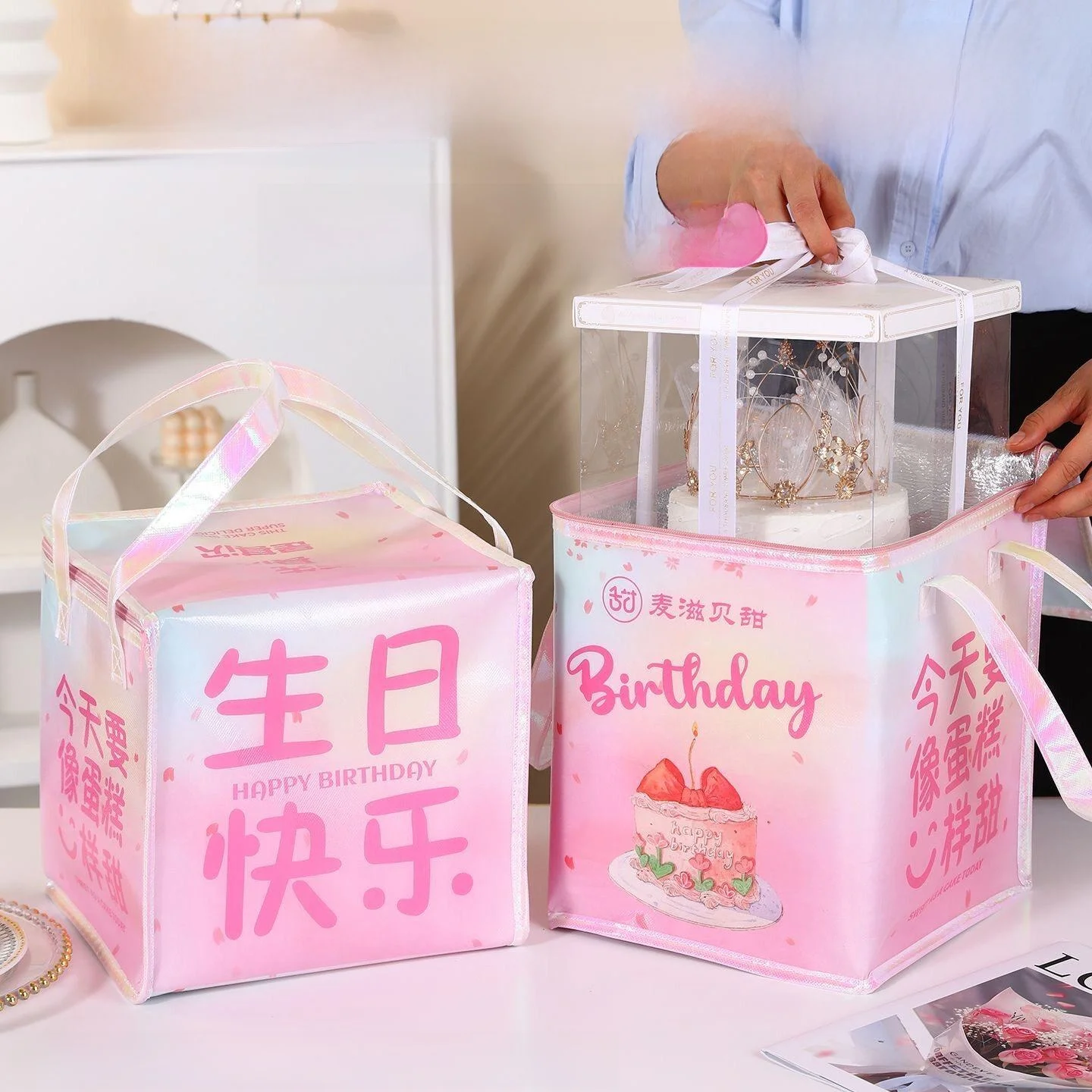 두꺼운 알루미늄 호일 레이저 단열 가방 배달용 생일 케이크 보관 용기 단층 6인치 8인치 10인치