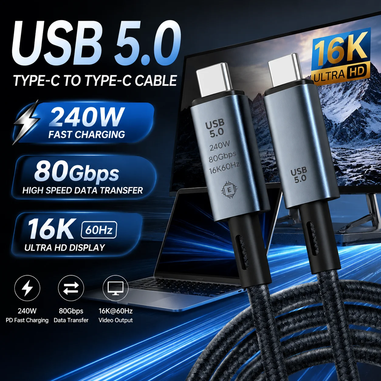Ultra High-Speed USB-C to C Cable - 240W Fast Charging & 80Gbps Data Transfer