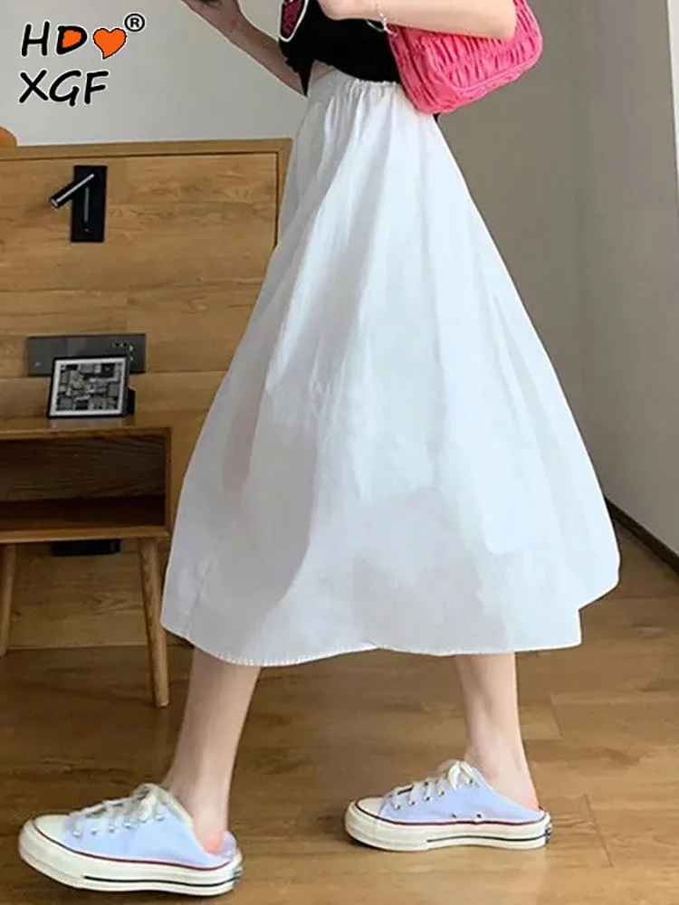 

Korean A-line Elastic High-waisted Solid Color Fold Large Size 5xl Umbrella Skirt Summer Women Simple All-match Mid-length Skirt