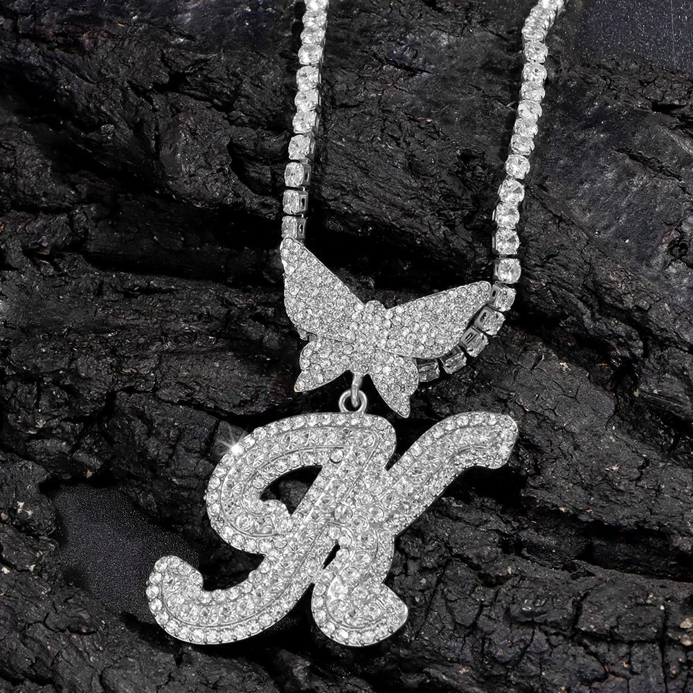 JNCTCOE Iced Out Cuban Link Chain With Initial Pendant - 14mm Width, 18" Length, Zinc Alloy, Rhinestone, Butterfly Design
