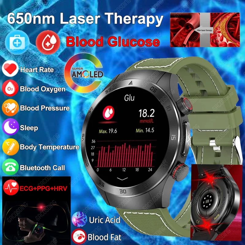 2024 Trattamento Laser Tre High Smart Watch Men Ecg Ppg Temperatura Corporea Blood Sugar Health Tracker Bluetooth Call Smartwatch