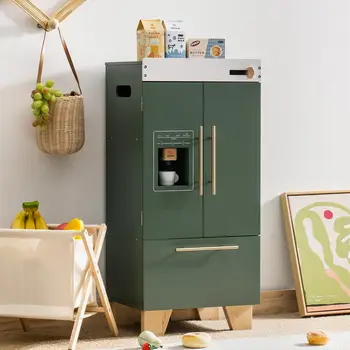 Robotime Robud Vintage Wooden Toy Kitchen Oven Kids Washer Dryer with Realist Toy Fridge Play Kitchen Set Vintage Green
