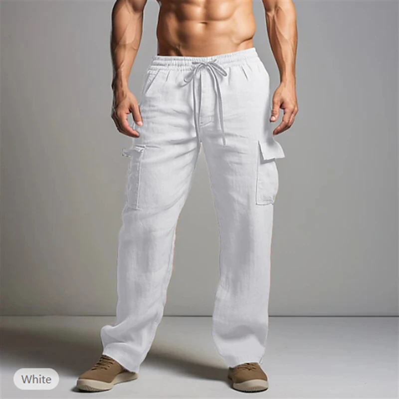 Men's Cotton Linen Long Pants Summer Solid Color Breathable Linen Trousers Male Casual Elastic Waist Casual Pants Harajuku Trous