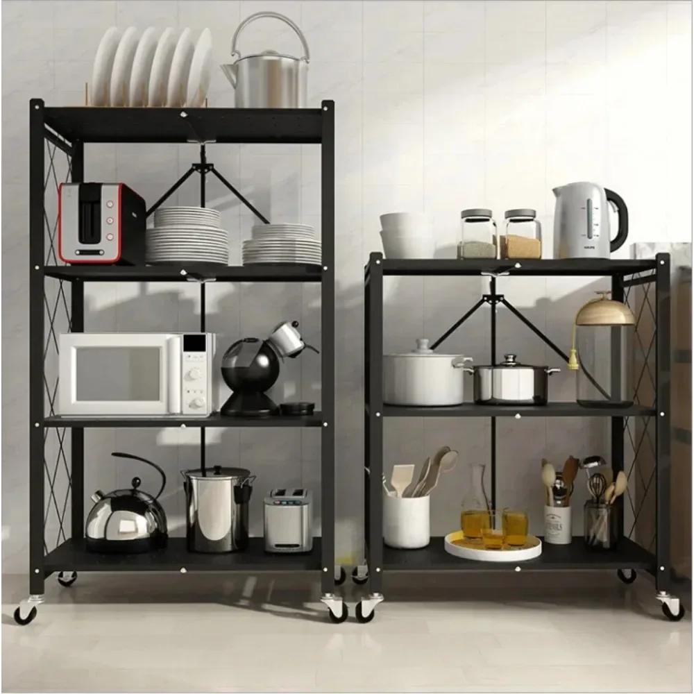 Storage Rack Foldable Metal Storage Shelves Large Iron Frame Multifunctional Living Room Rack Kitchen Shelf Wheels
