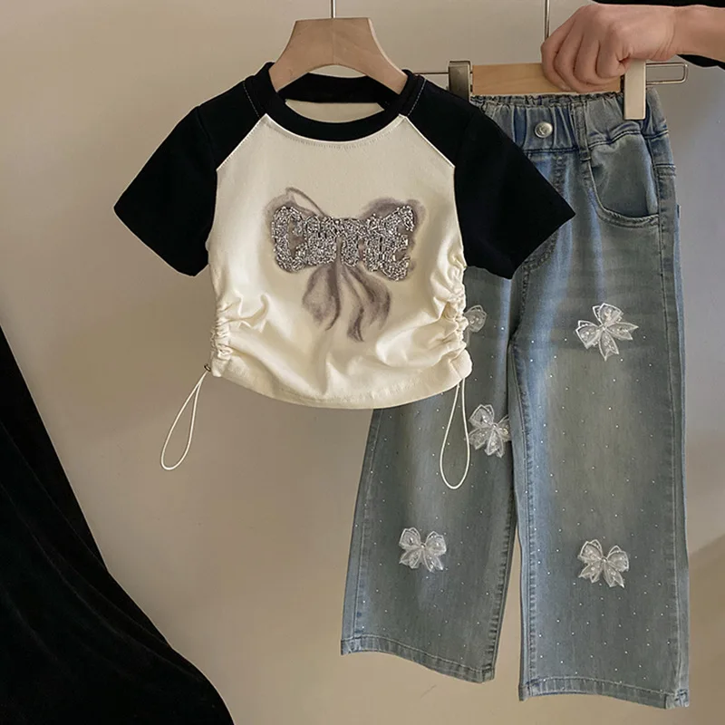 

Girls 2024 New Color Block Top Letter Bright Diamond T-shirt Fashion Diamond Mesh Bow Jeans Clothes Wear