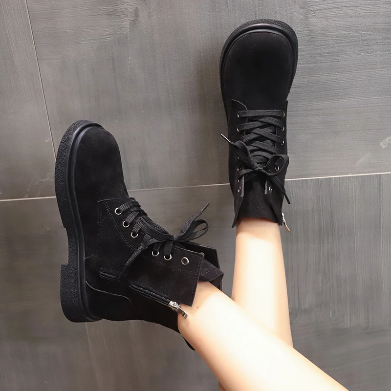2023 Fashion Women's Shoes Basic Women's Boots Casual Ankle Boots Women Side Zip Cross-tied Round Toe Square Heel Shoes Female