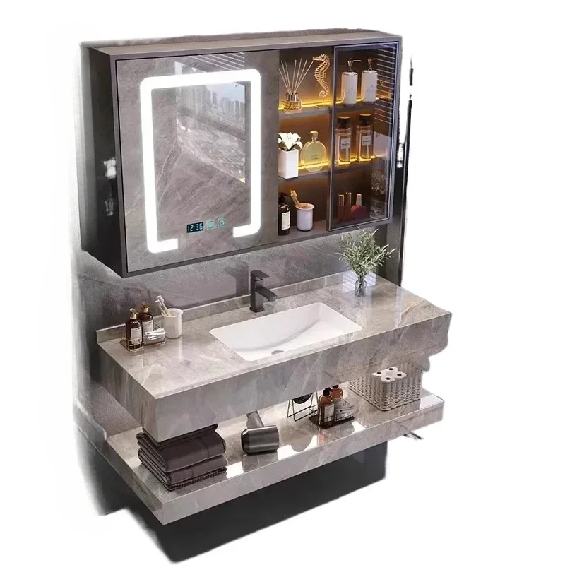 Hotel Smart Bathroom Cabinet Rock Plate Ceramic Seamless Integrated Basin Mirror Cabinet Fashion Simple Furniture Шкафы FYBC