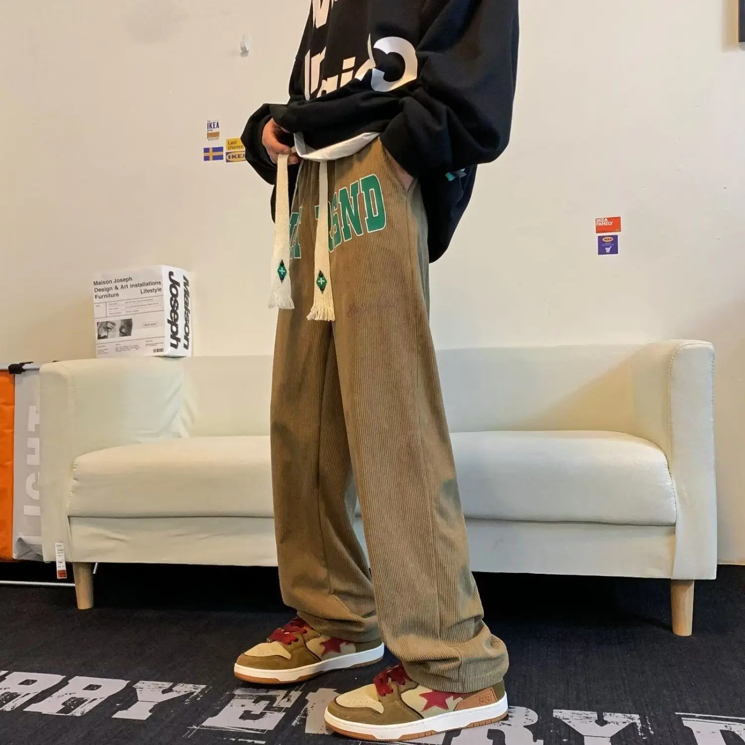 Winter Corduroy Men Pantalones Hombre Trend Y2K Loose Wide Leg Straight Pants Draw String Hip Hop Rock Dance Club Ins Sweatpants