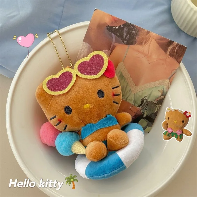 10CM Kawaii Black Leather Hello Kitty Keychain Pendant Anime Lifeguard Beach KT Girl's Bag Keychain Women's Christmas Gift Y2K 4